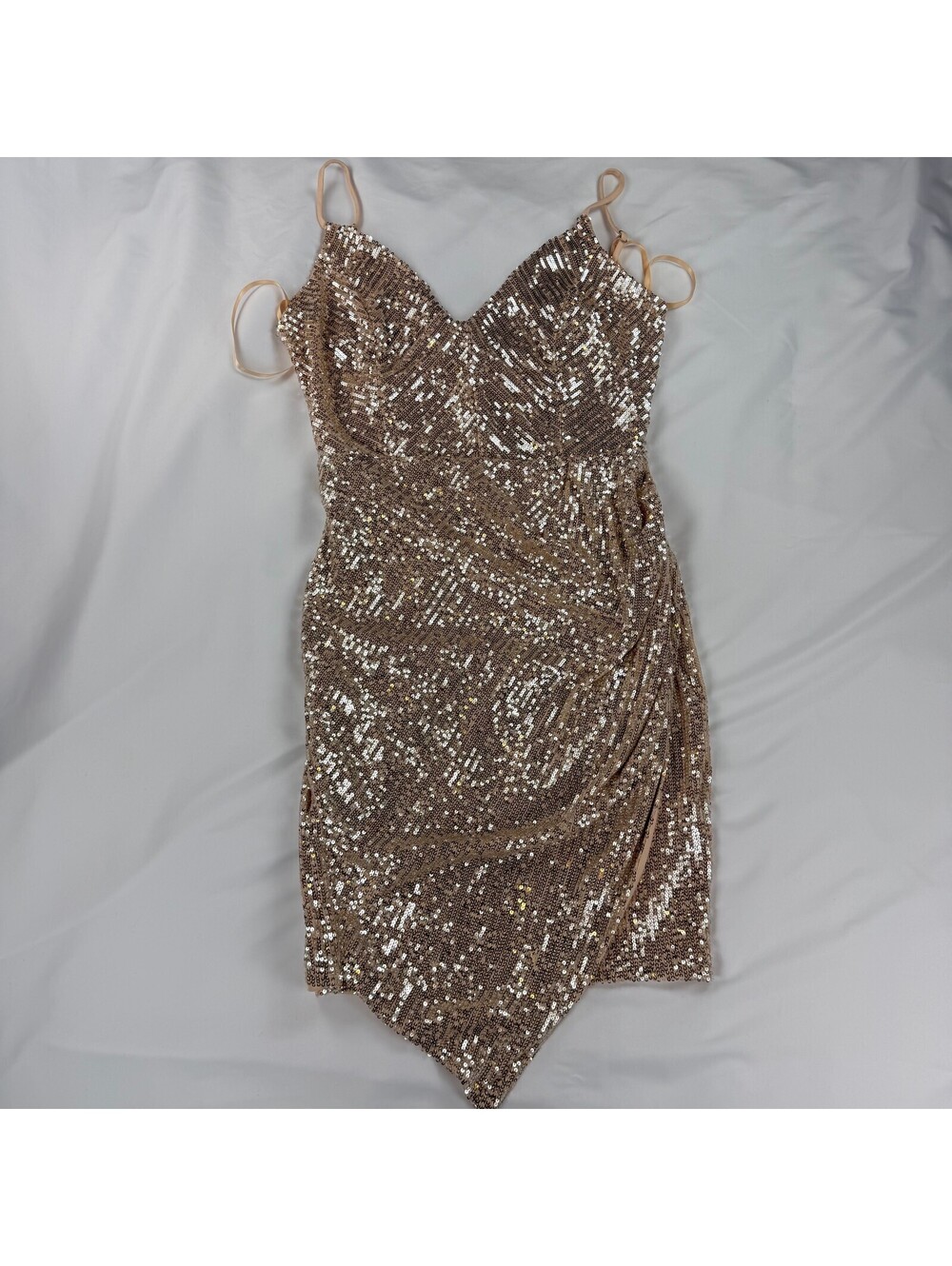Windsor Womens L Champagne Gold Sequin Ruched Asymmetrical Cocktail Midi Dress